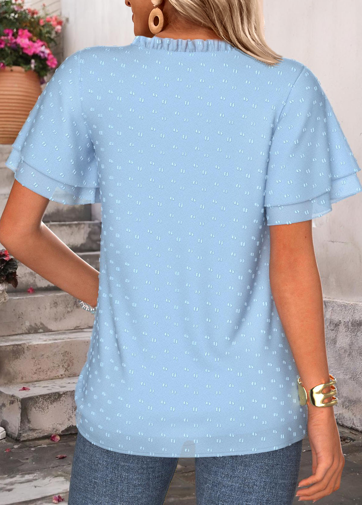 Light Blue Patchwork Short Sleeve Split Neck Blouse | picture 