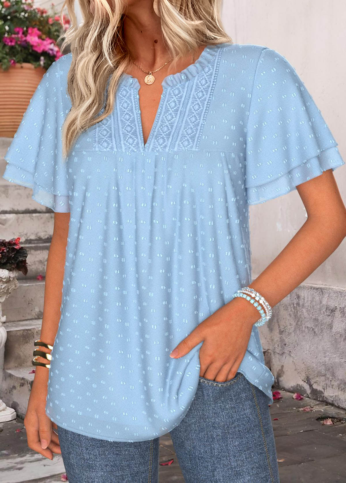 Light Blue Patchwork Short Sleeve Split Neck Blouse | picture 