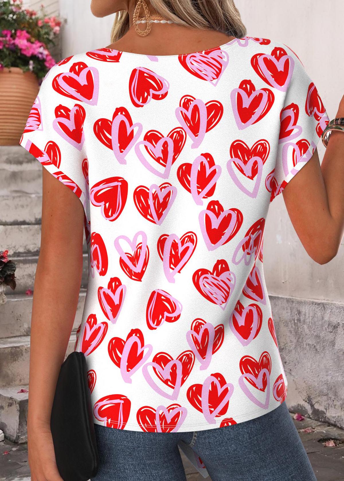 Red Twist Heart Print Short Sleeve T Shirt | picture 