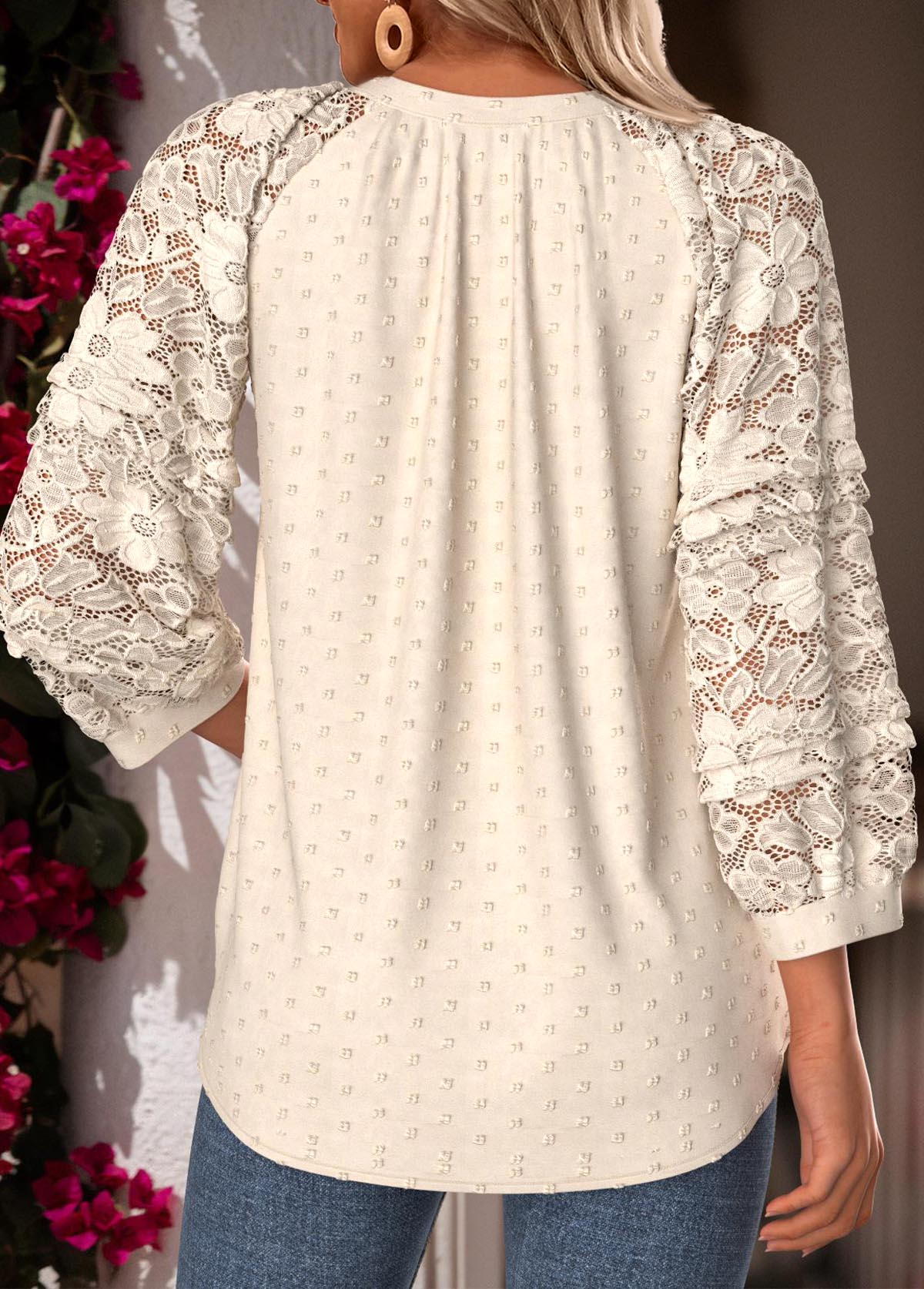 Beige Curved Hem 3/4 Sleeve Split Neck Blouse | picture 