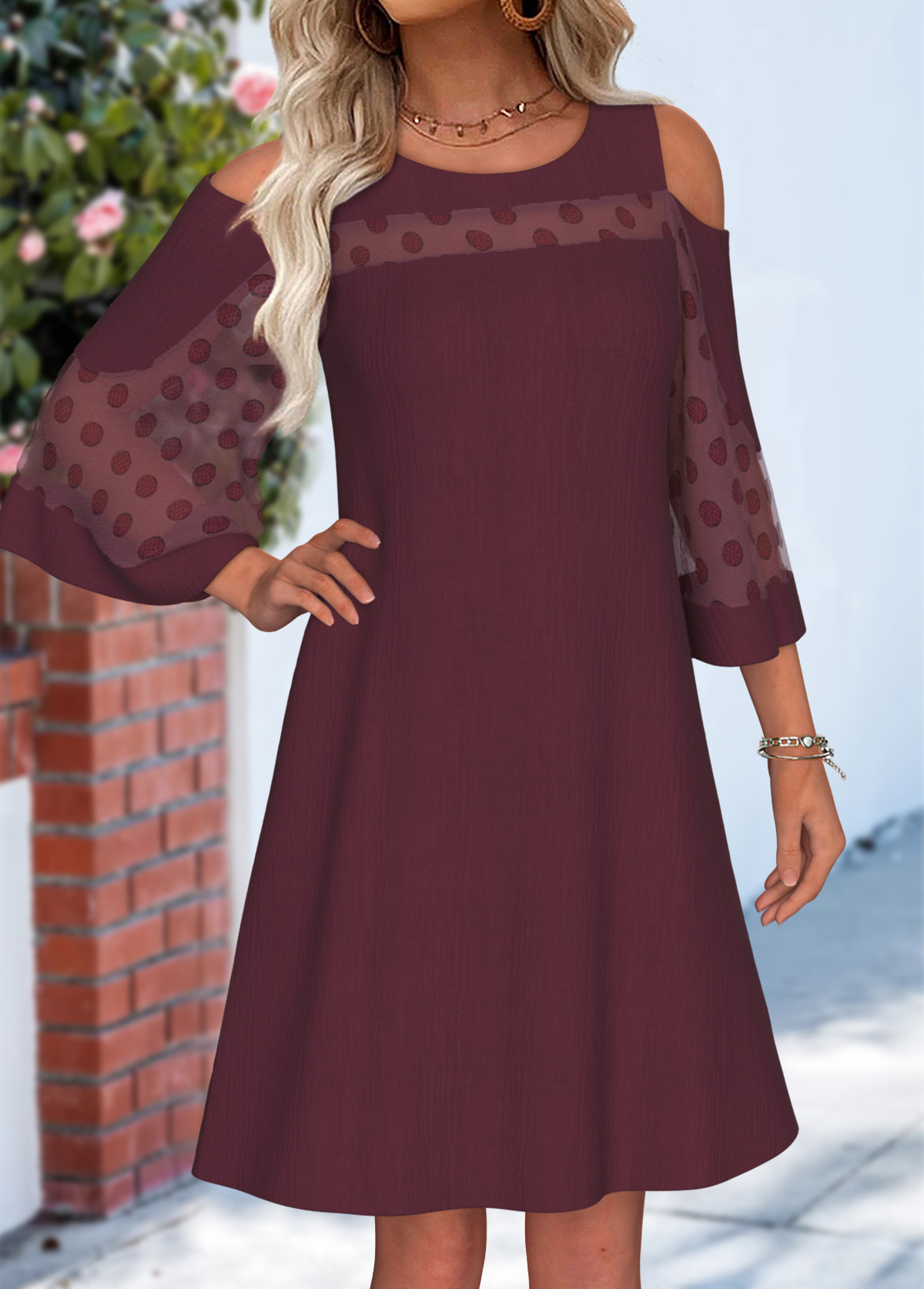 Dark Reddish Purple Tummy Coverage Short 3/4 Sleeve Dress | picture 