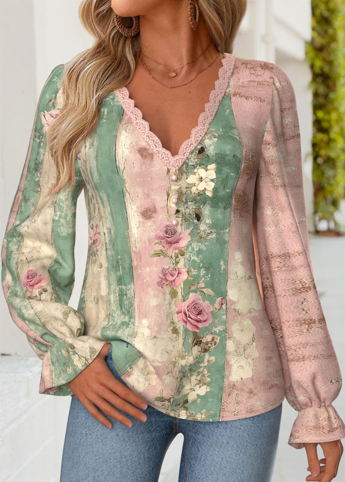 Multi Color Curved Hem Random Floral Print Blouse | picture 