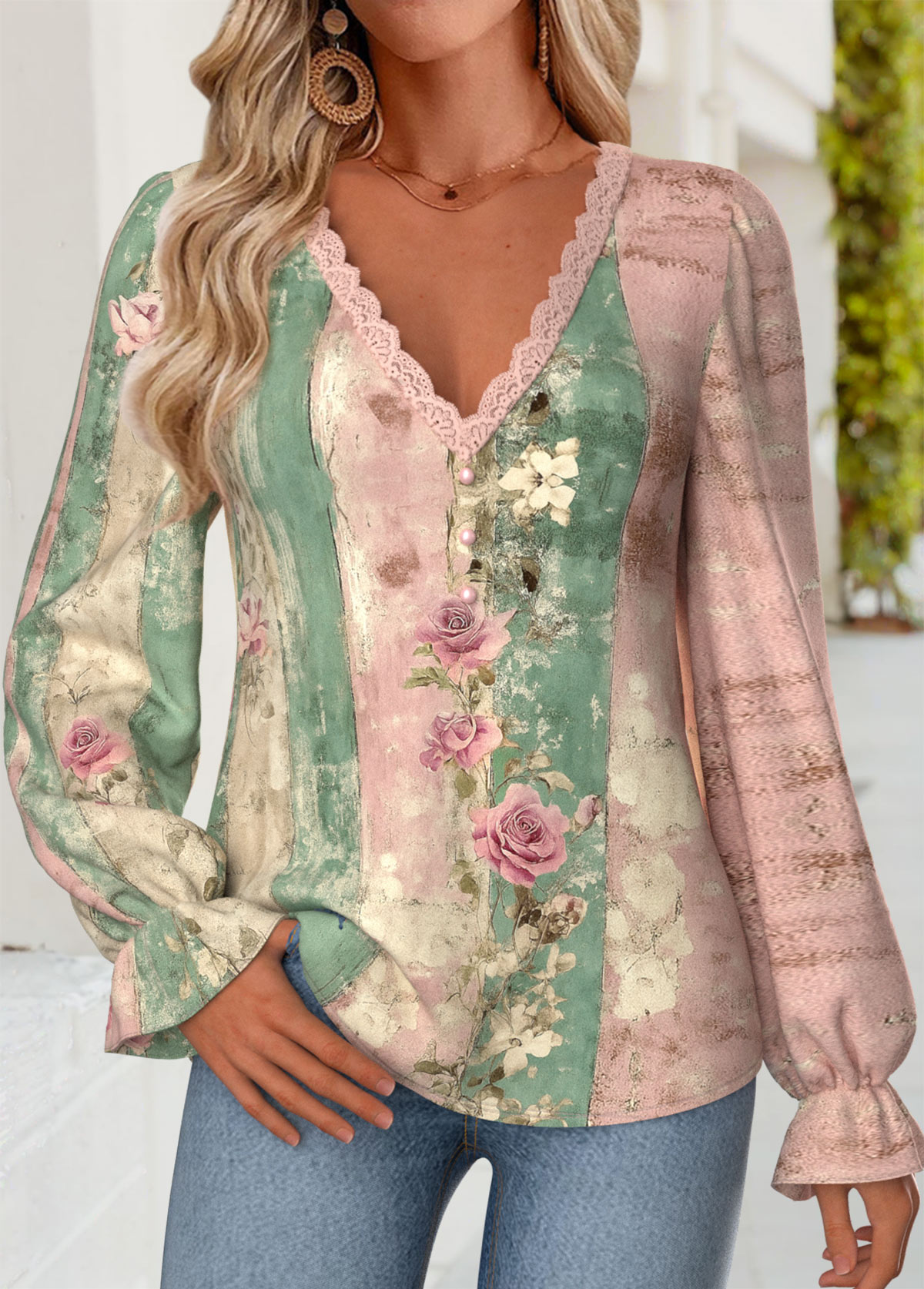 Multi Color Curved Hem Random Floral Print Blouse | picture 