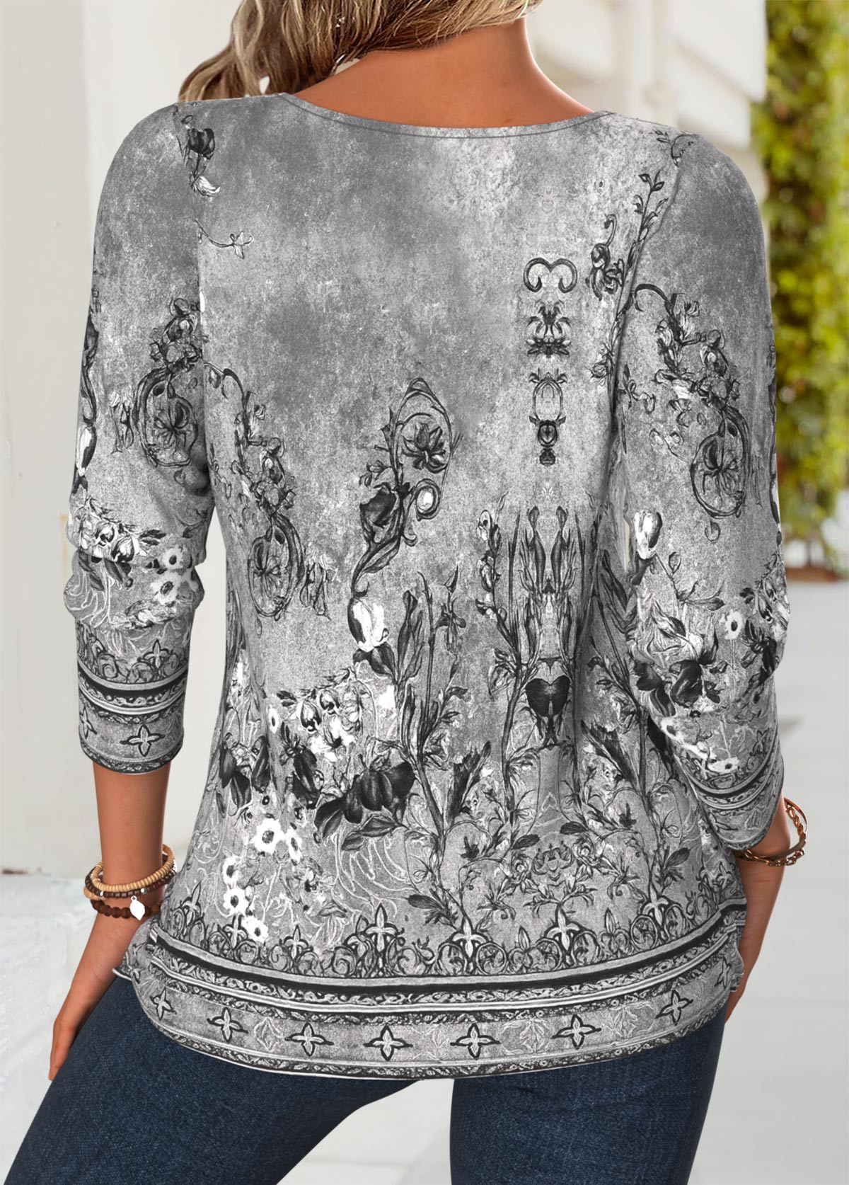 Dark Grey Tummy Coverage Tribal Print T Shirt | picture 