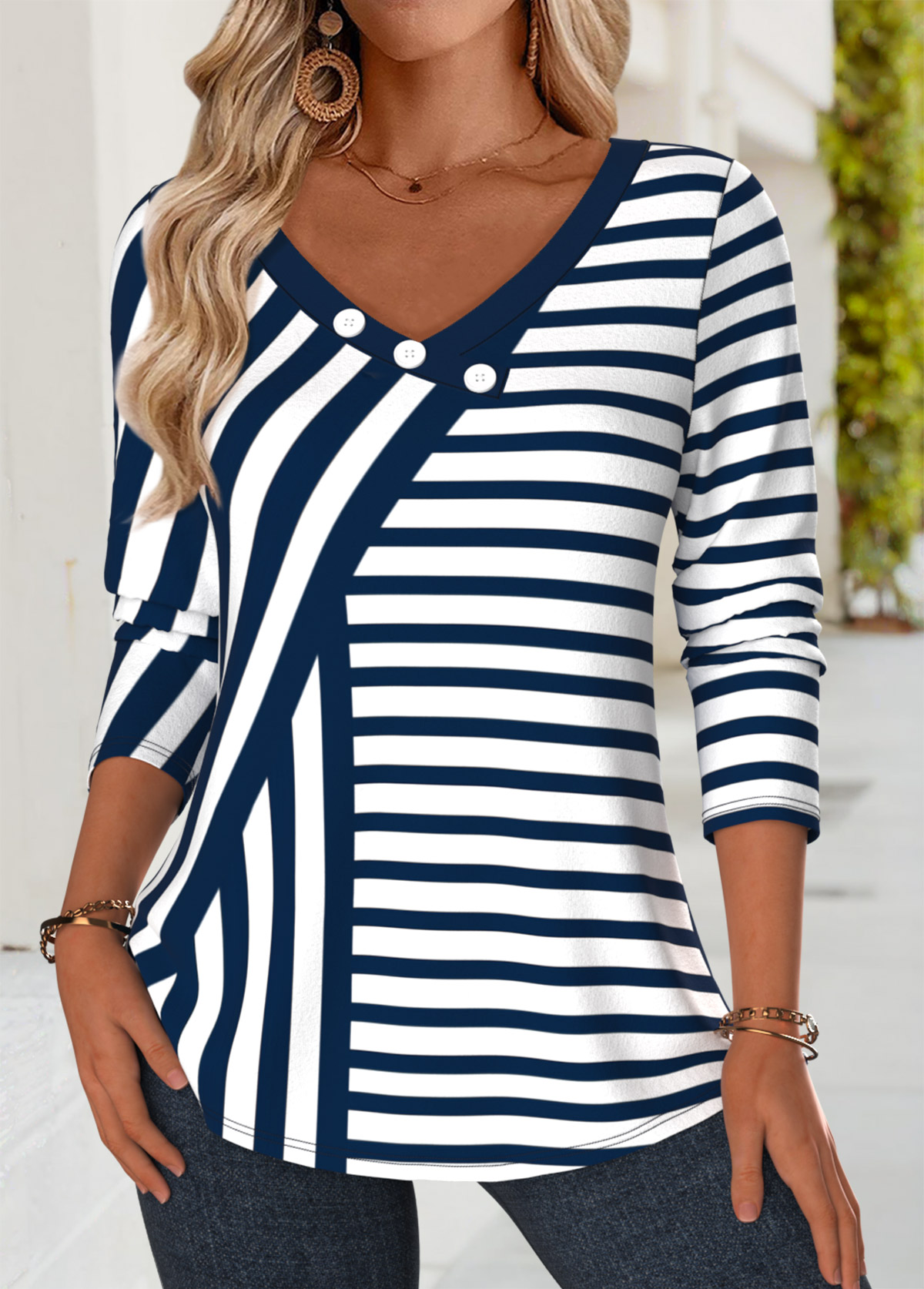 Navy Button Striped Long Sleeve V Neck T Shirt | picture 