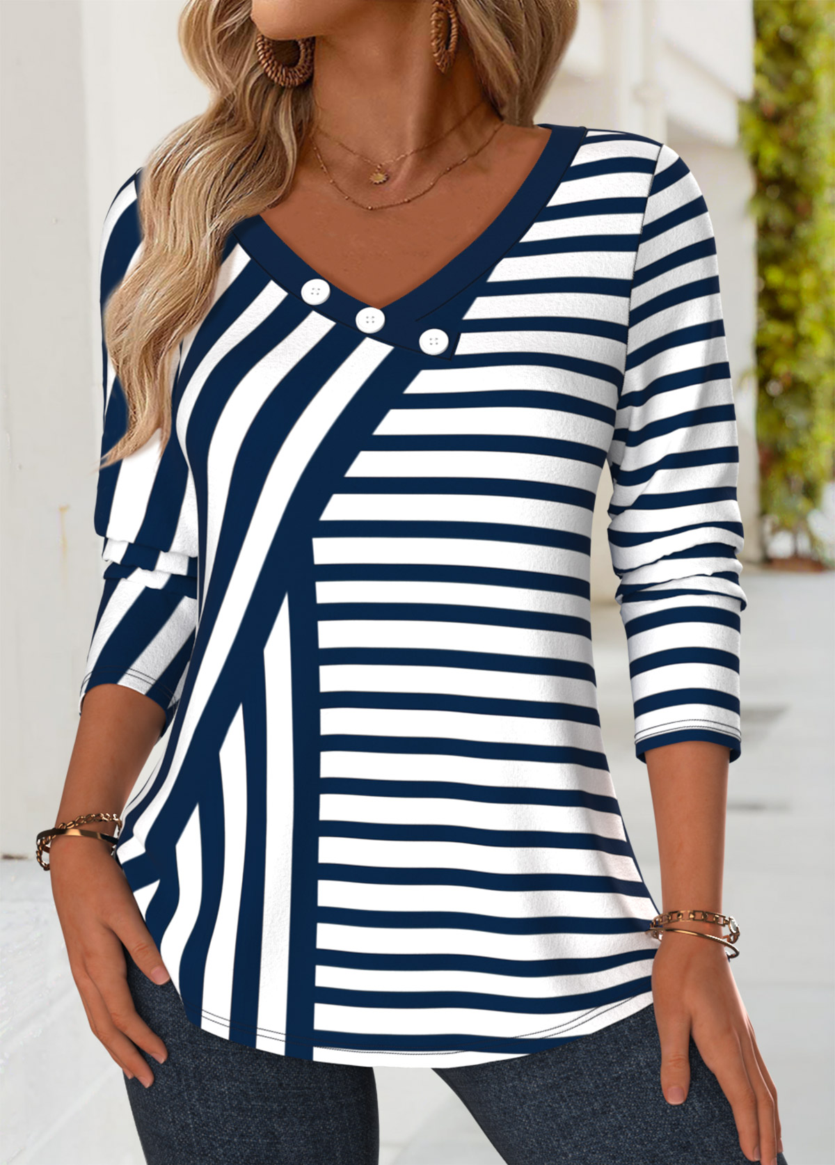 Navy Button Striped Long Sleeve V Neck T Shirt | picture 