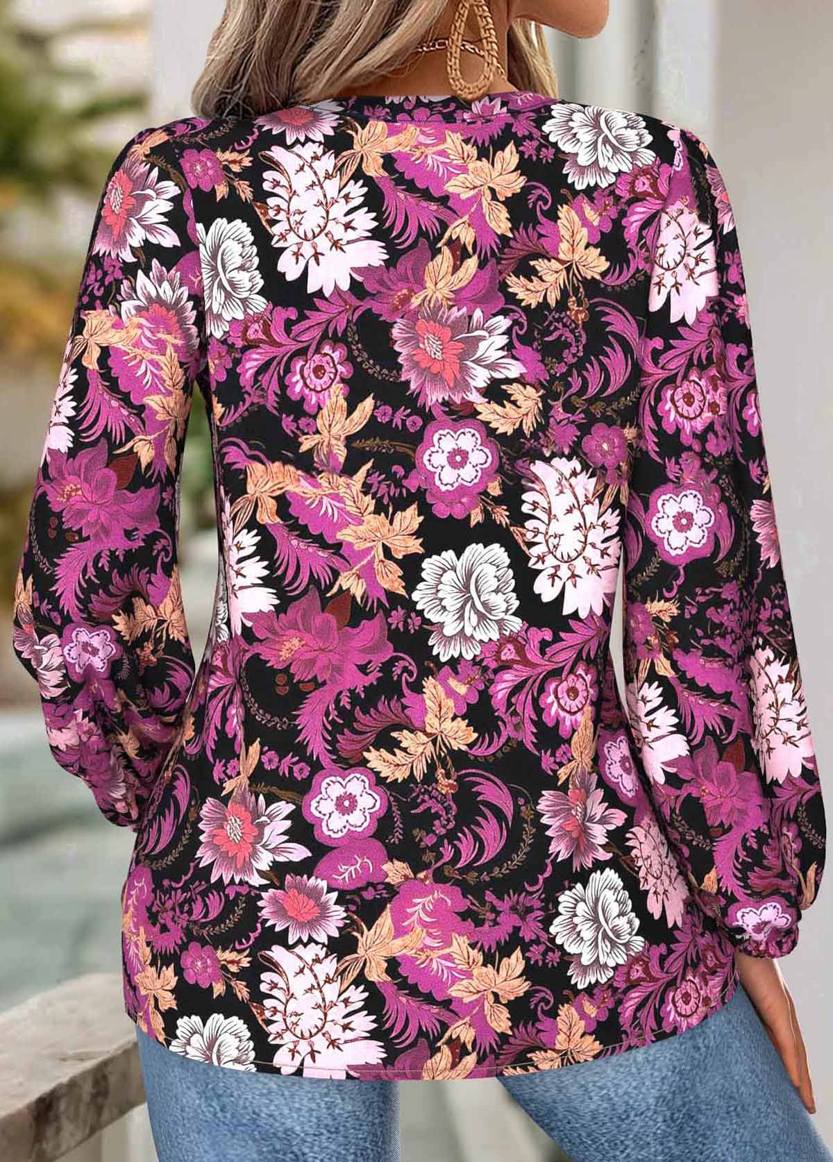Hot Pink Tummy Coverage Floral Print Long Sleeve Blouse | picture 