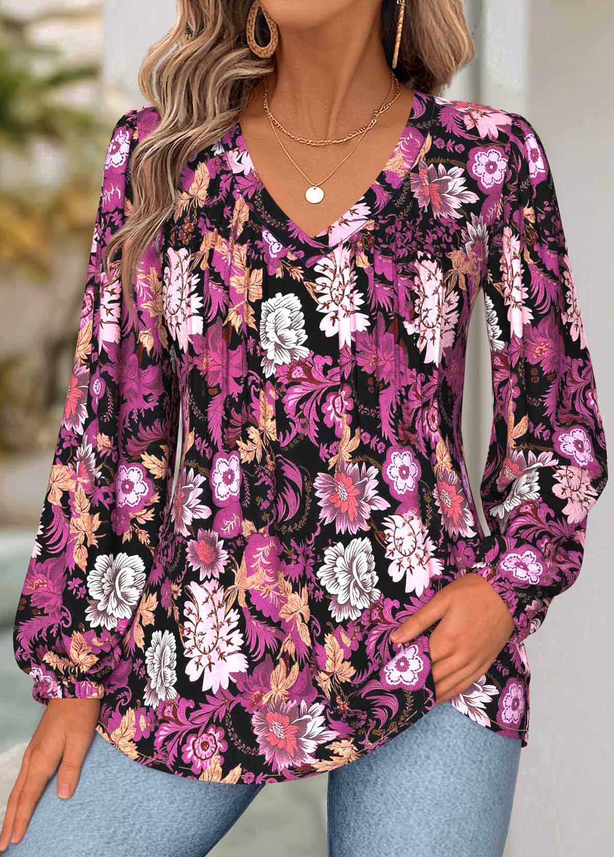 Hot Pink Tummy Coverage Floral Print Long Sleeve Blouse | picture 