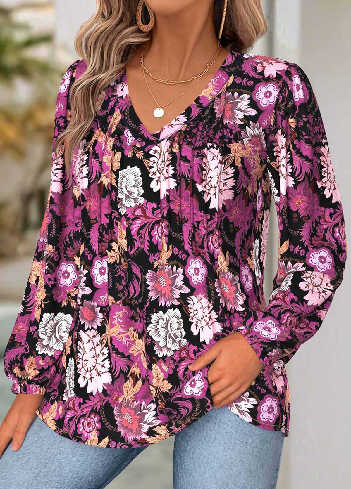 Hot Pink Tummy Coverage Floral Print Long Sleeve Blouse | picture 