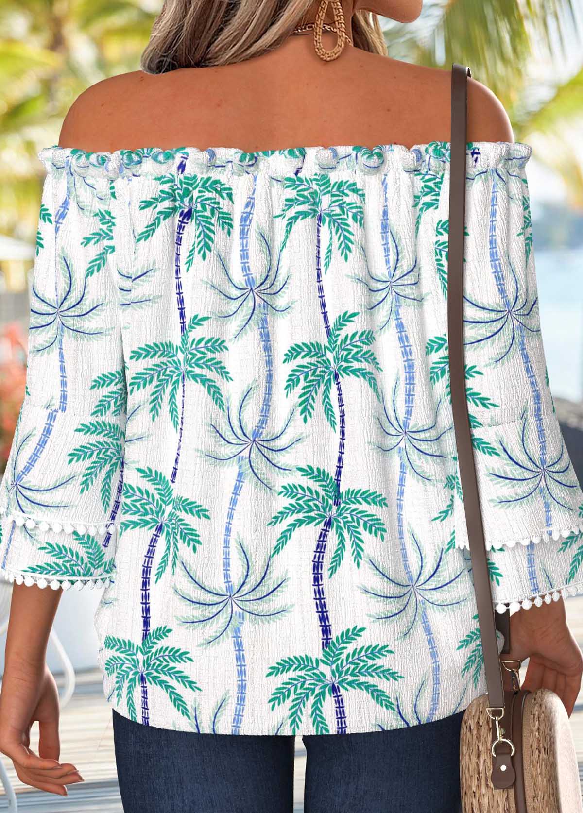 Mint Green Tummy Coverage Tropical Plants Print Blouse | picture 