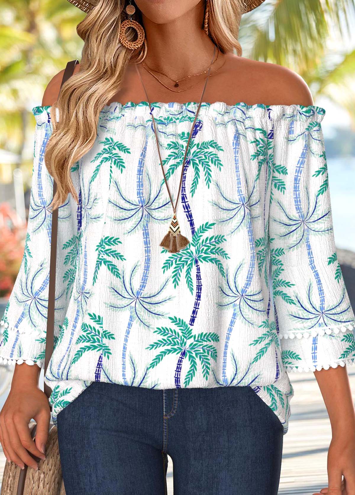 Mint Green Tummy Coverage Tropical Plants Print Blouse | picture 