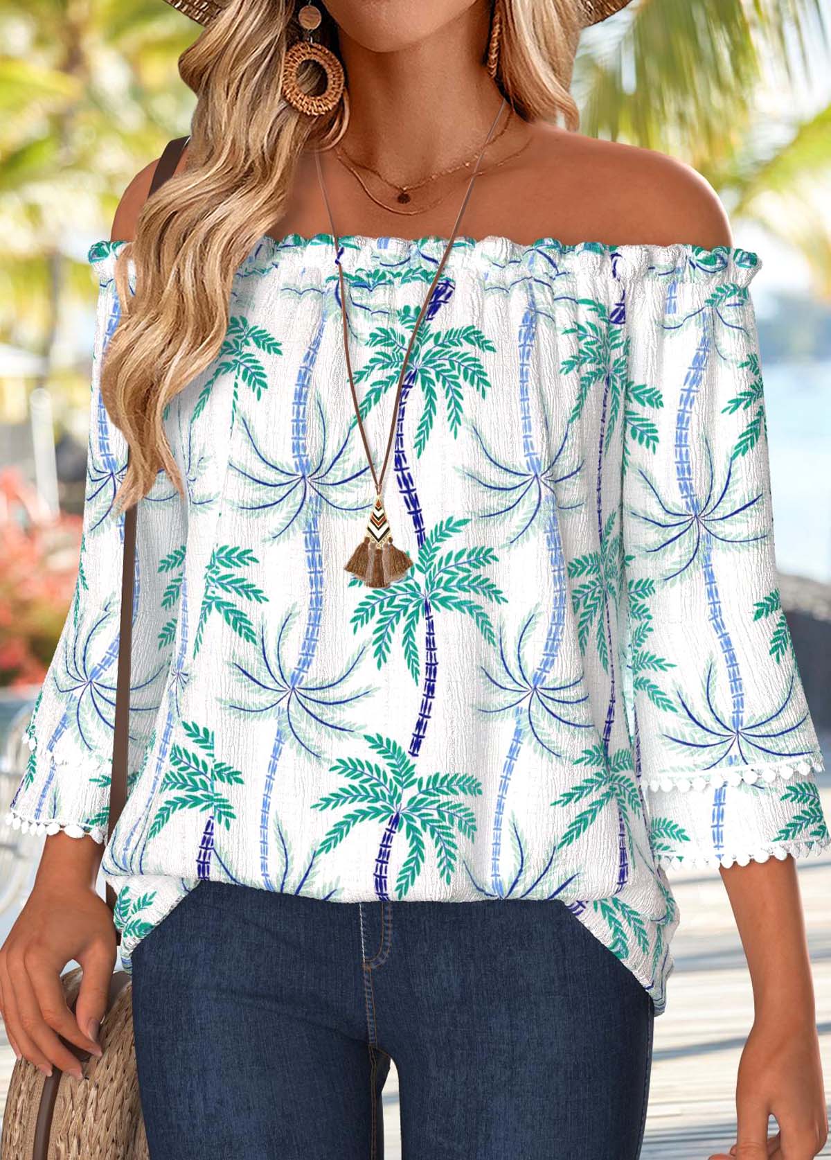Mint Green Tummy Coverage Tropical Plants Print Blouse | picture 