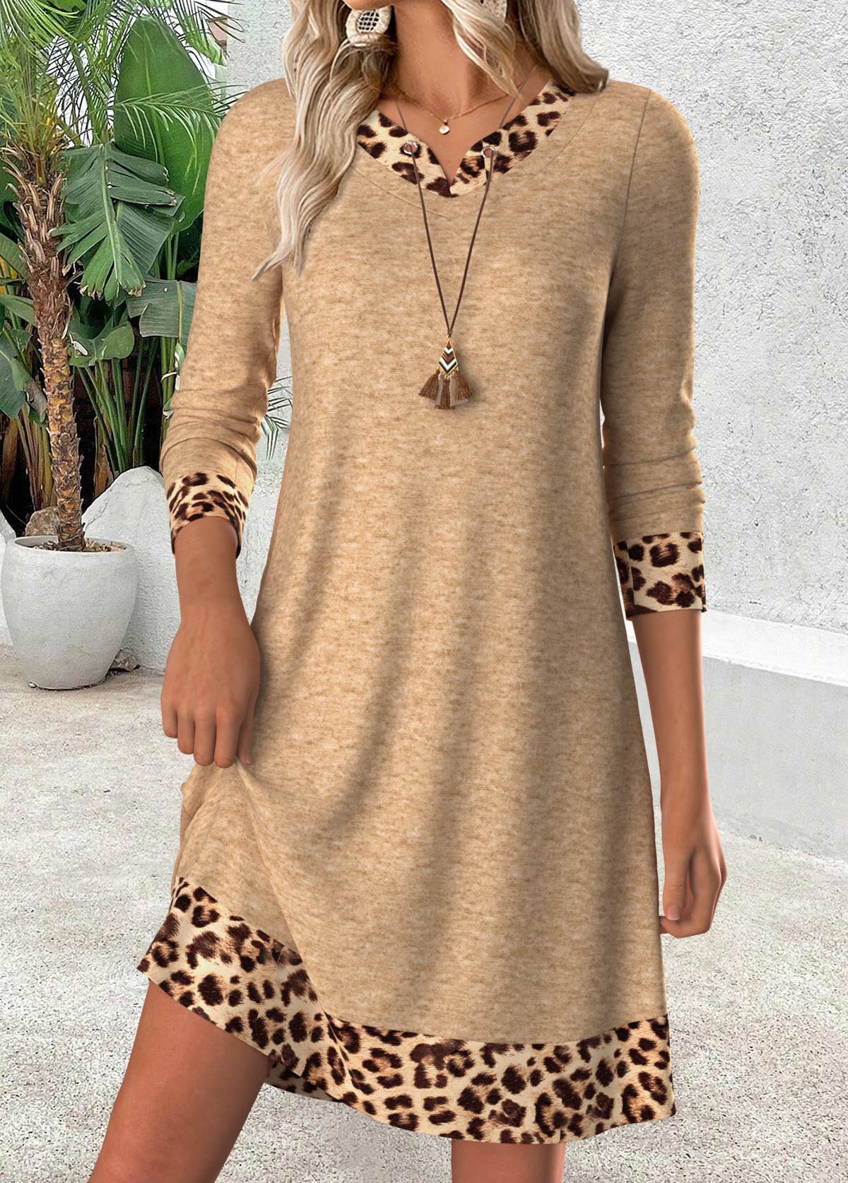 Light Camel Tummy Coverage Leopard Short Long Sleeve Dress | picture 