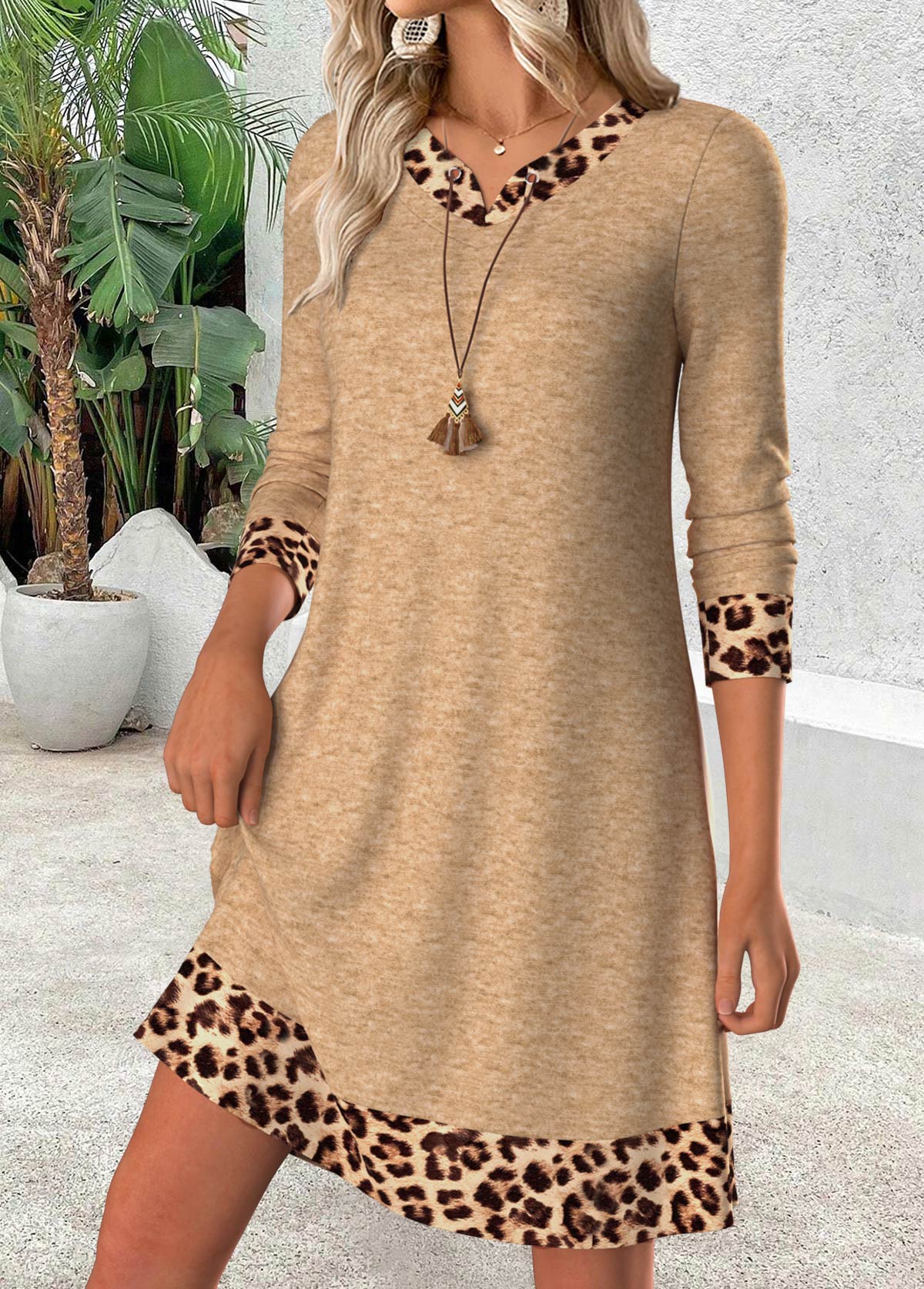 Light Camel Tummy Coverage Leopard Short Long Sleeve Dress | picture 