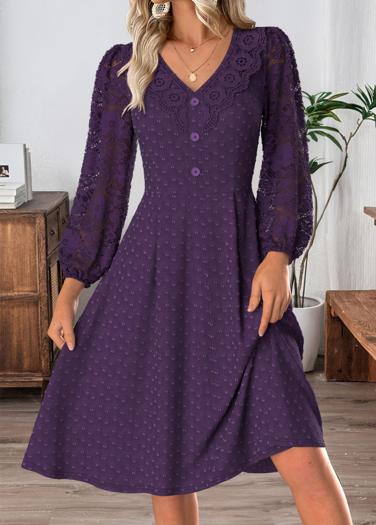 Dark Purple Tummy Coverage Long Sleeve V Neck Dress | picture 