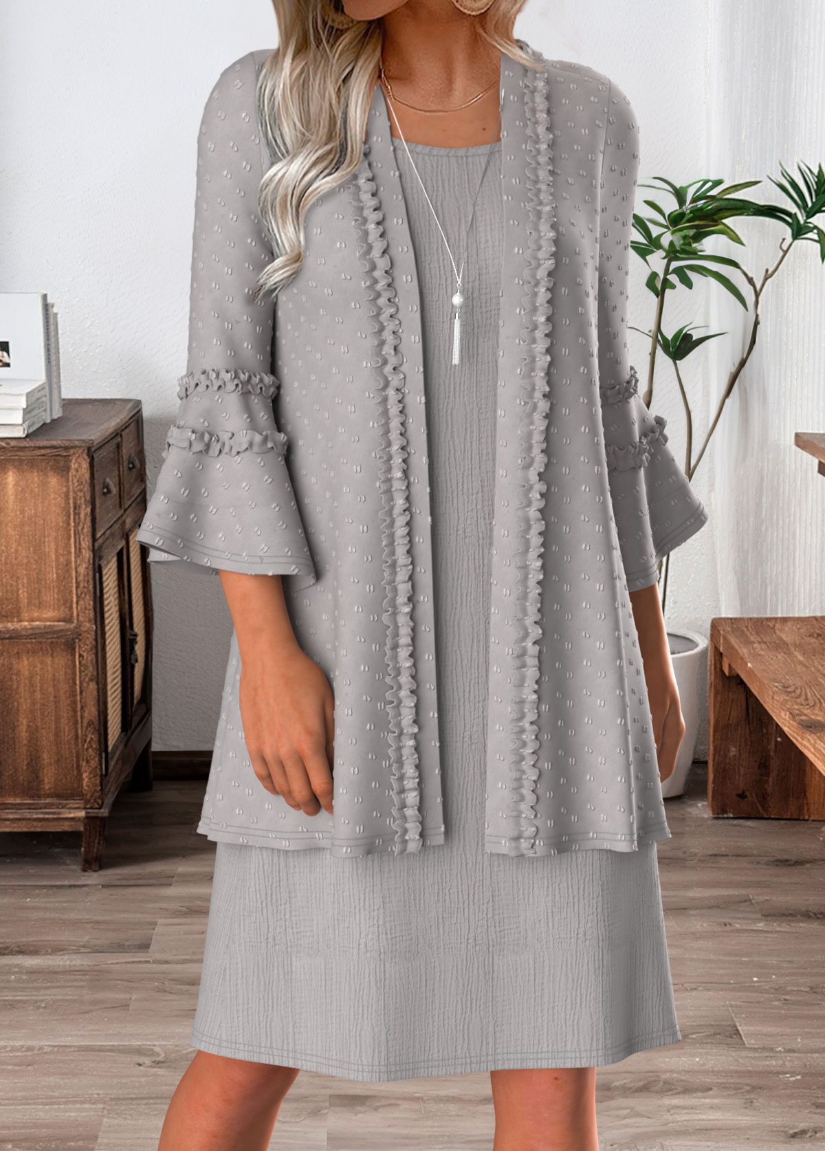 Grey Tummy Coverage 3/4 Sleeve Dress and Cardigan | picture 