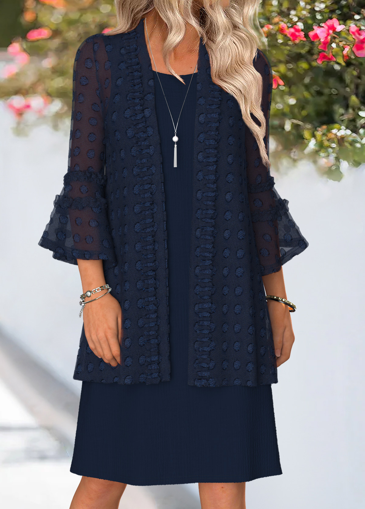 Navy Tummy Coverage 3/4 Sleeve Dress and Cardigan | picture 