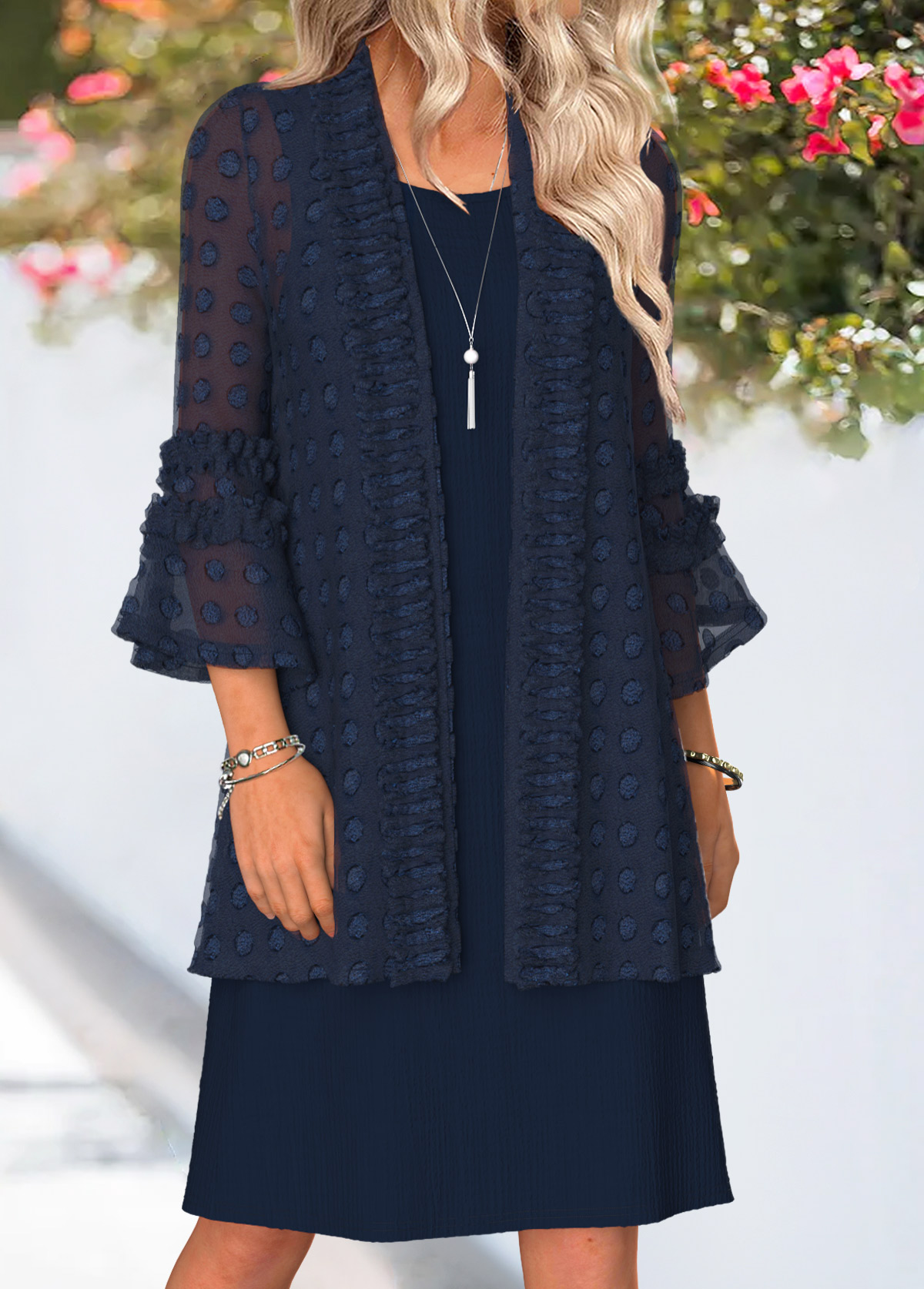 Navy Tummy Coverage 3/4 Sleeve Dress and Cardigan | picture 