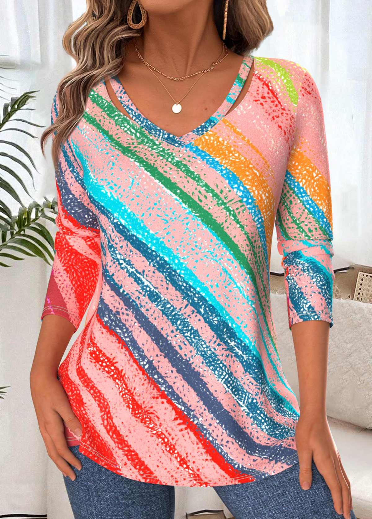 Multi Color Tummy Coverage Geometric Print T Shirt | picture 