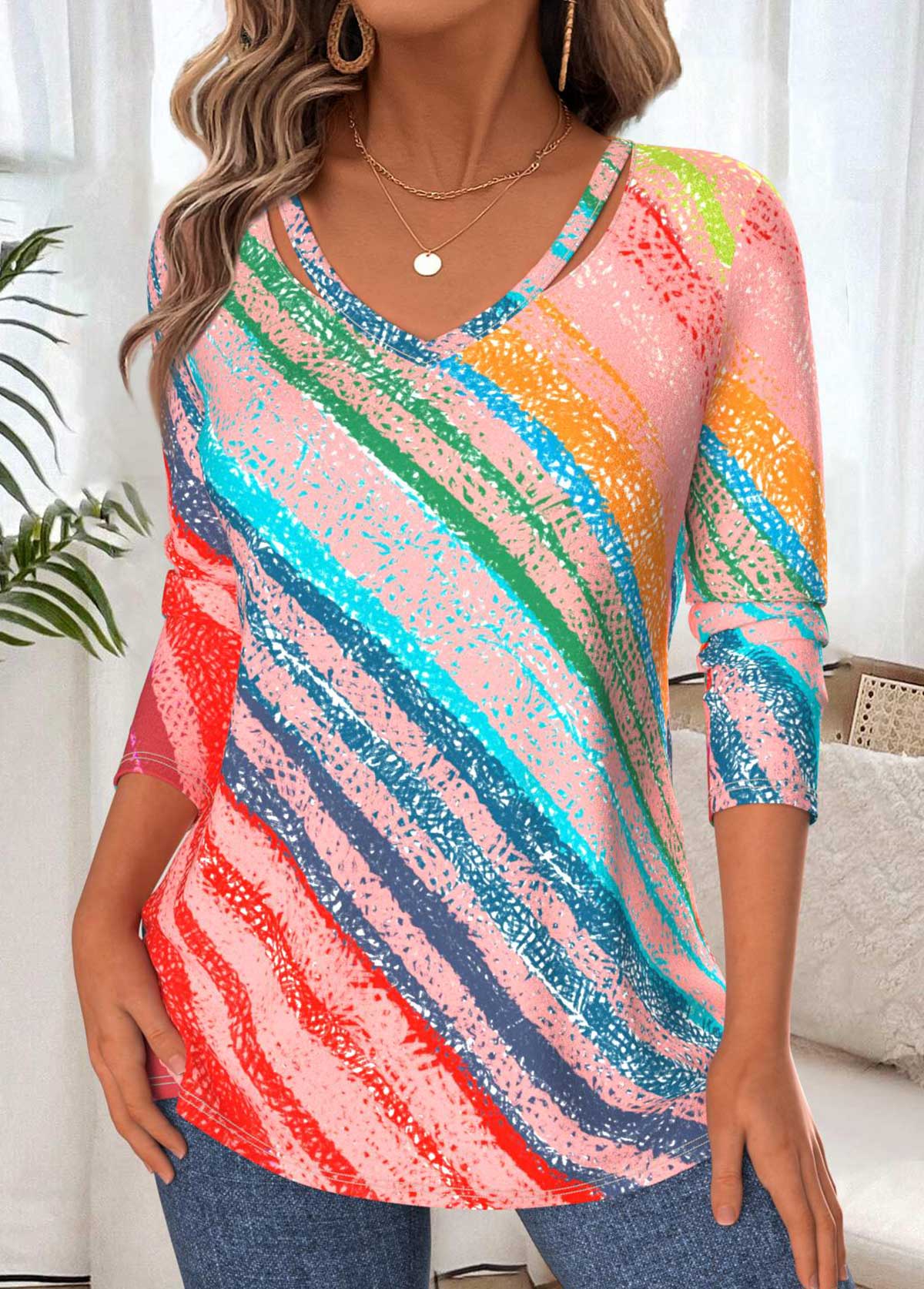Multi Color Tummy Coverage Geometric Print T Shirt | picture 