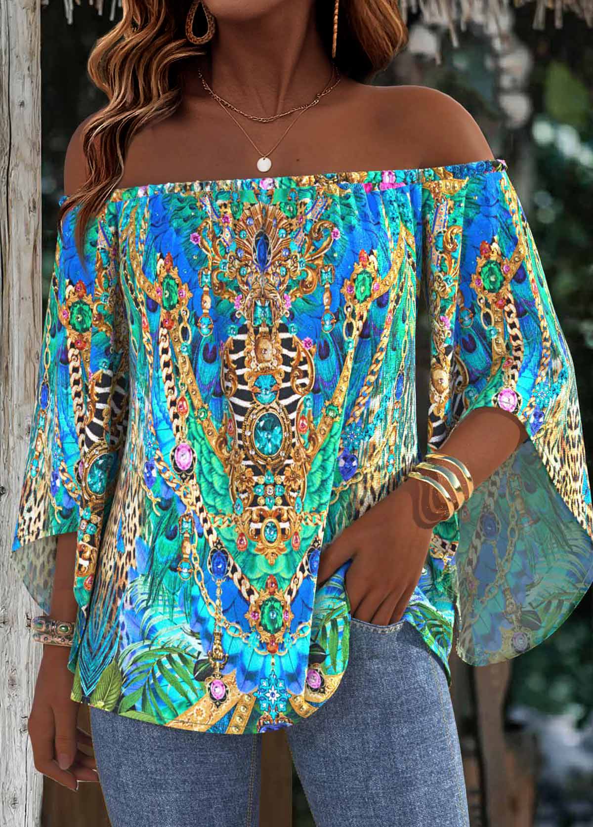 Multi Color Tummy Coverage Tribal Print 3/4 Sleeve Blouse | picture 