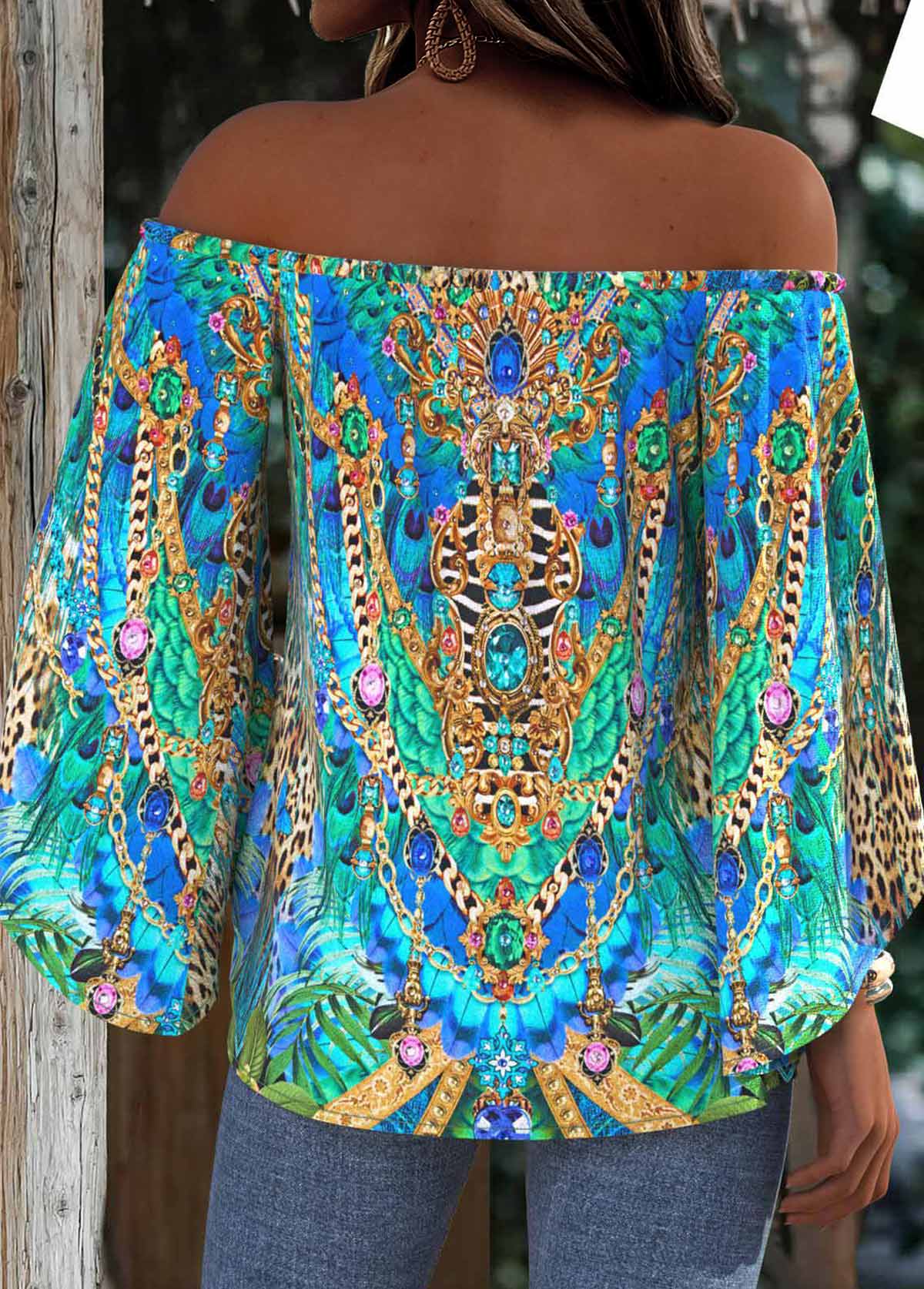 Multi Color Tummy Coverage Tribal Print 3/4 Sleeve Blouse | picture 