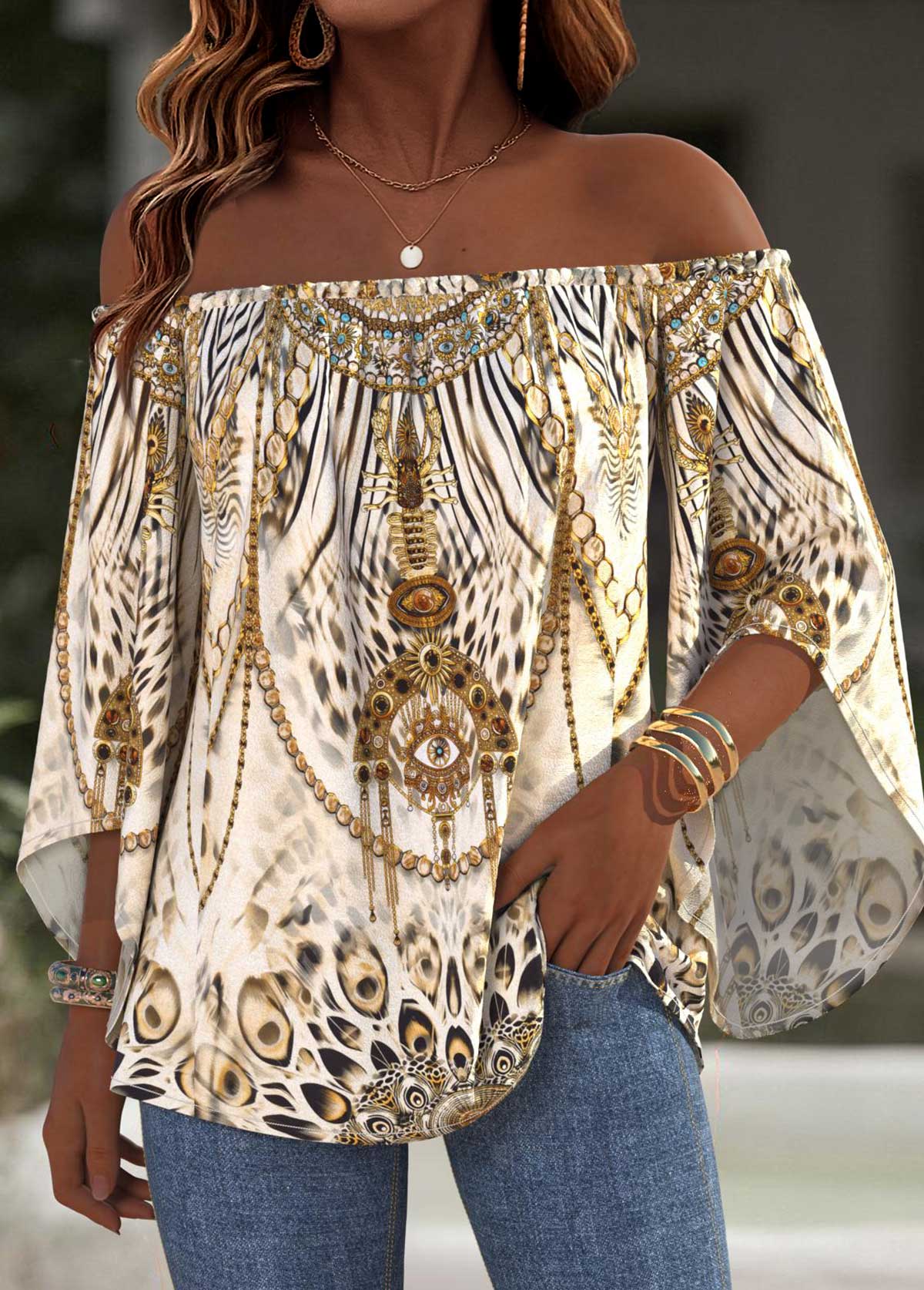Beige Tummy Coverage Leopard 3/4 Sleeve Off Shoulder Blouse | picture 