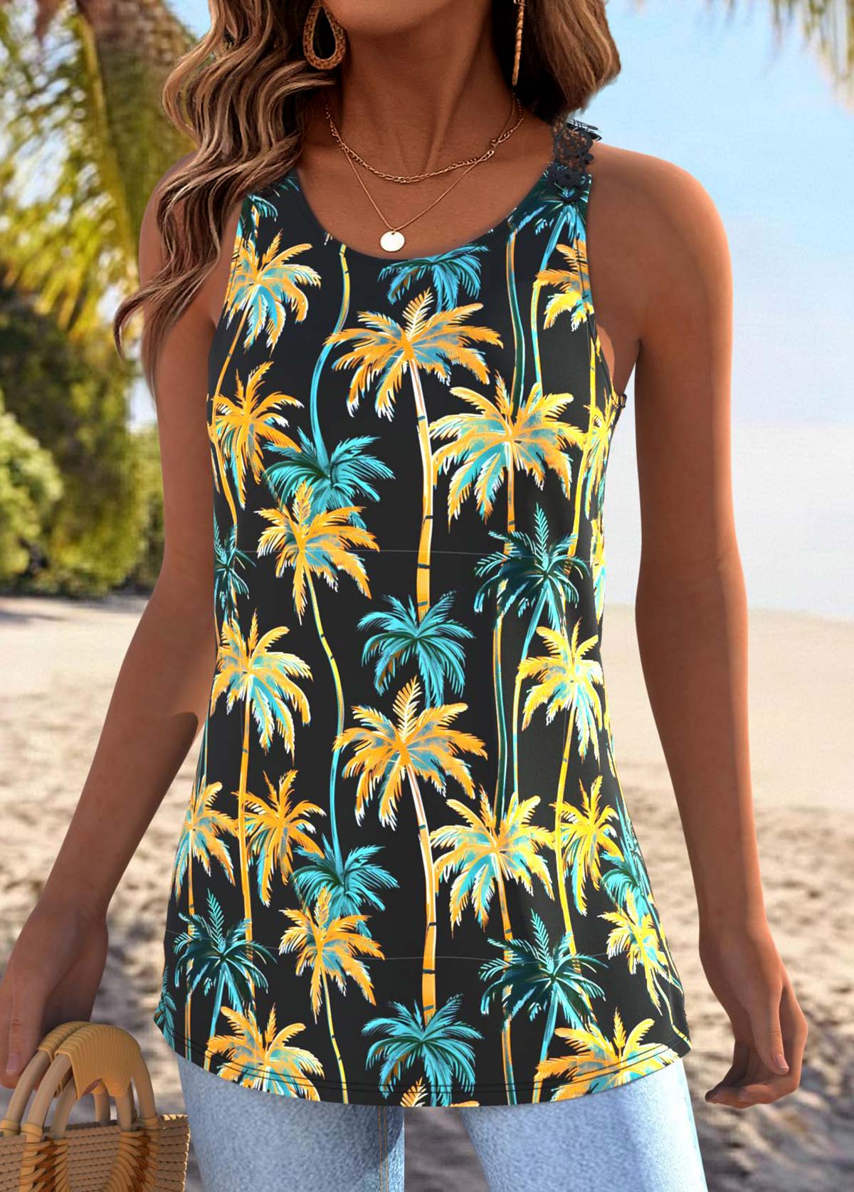 Multi Color Tummy Coverage Tropical Plants Print Tank Top | picture 