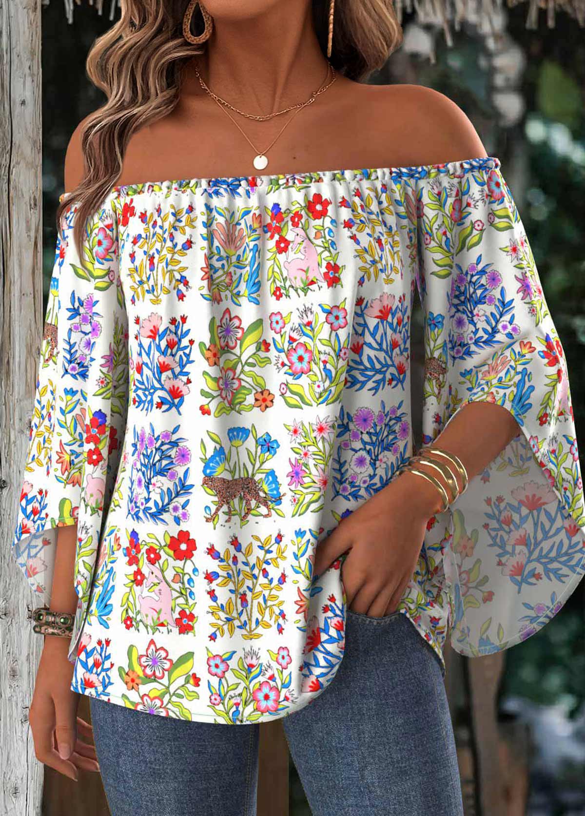 Multi Color Tummy Coverage Floral Print 3/4 Sleeve Blouse | picture 