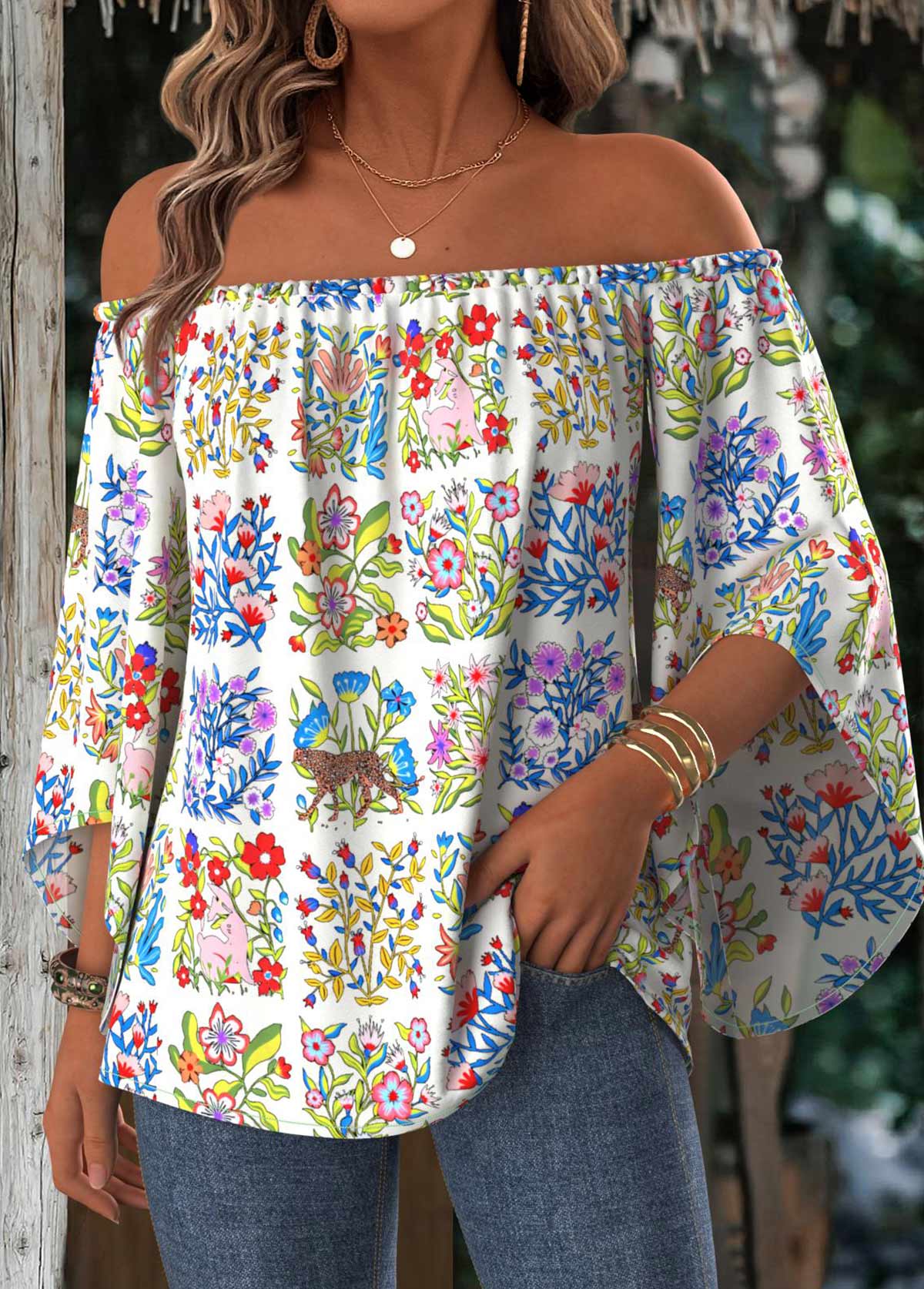 Multi Color Tummy Coverage Floral Print 3/4 Sleeve Blouse | picture 
