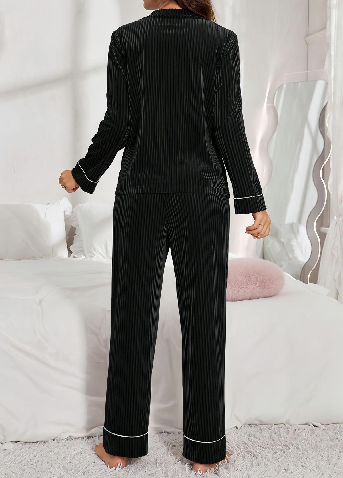 Black Long Sleeve V Neck Lounge Top and Pants | picture 