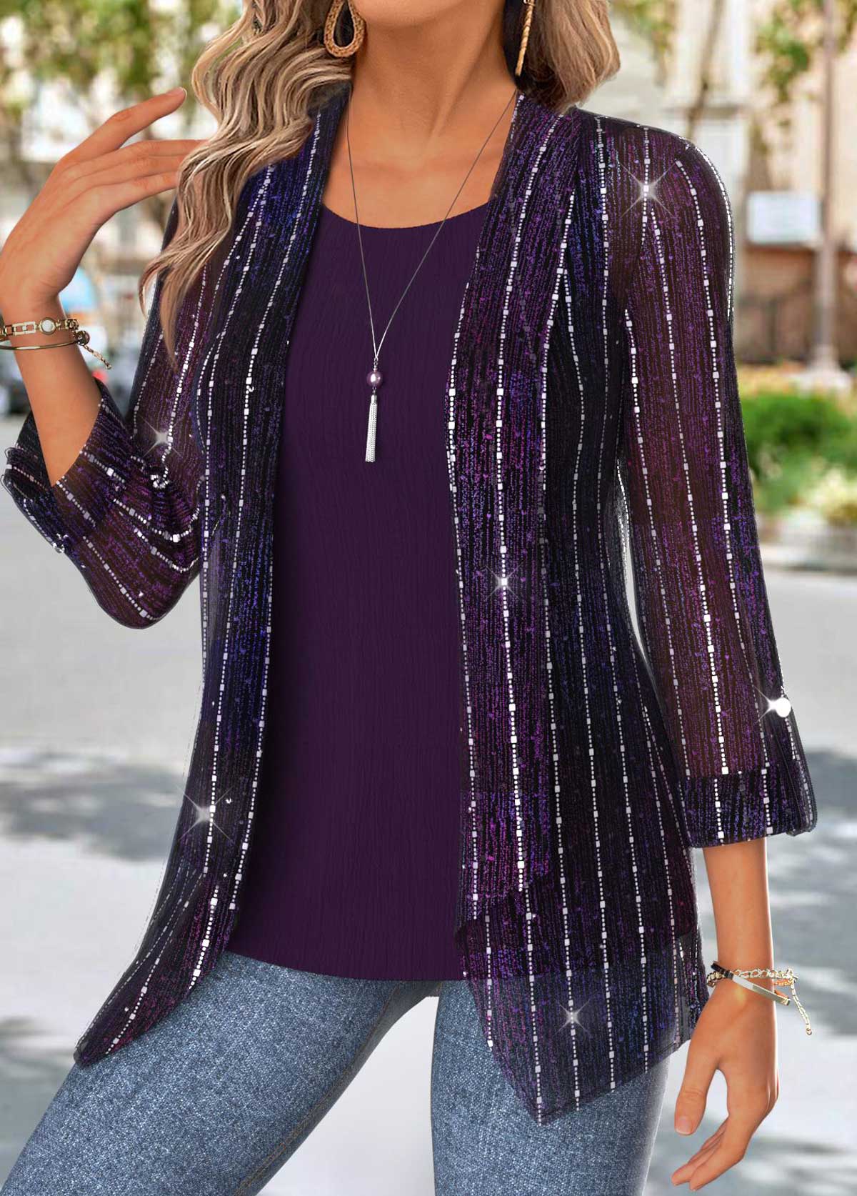 Purple Tummy Coverage Long Sleeve Cardigan and Tank Top | picture 