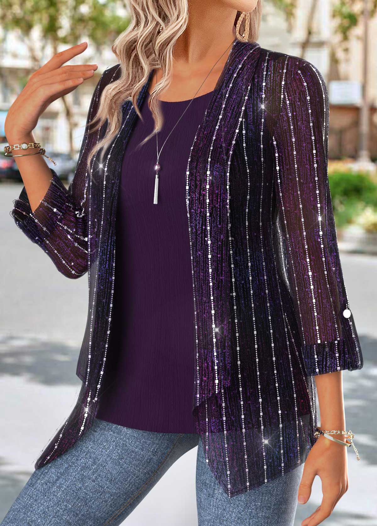 Purple Tummy Coverage Long Sleeve Cardigan and Tank Top | picture 