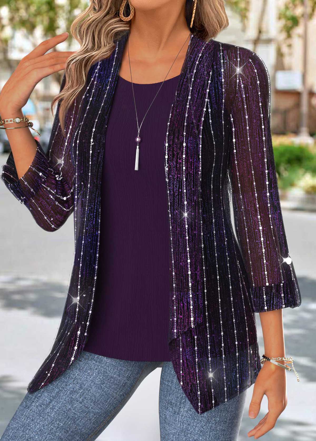 Purple Tummy Coverage Long Sleeve Cardigan and Tank Top | picture 