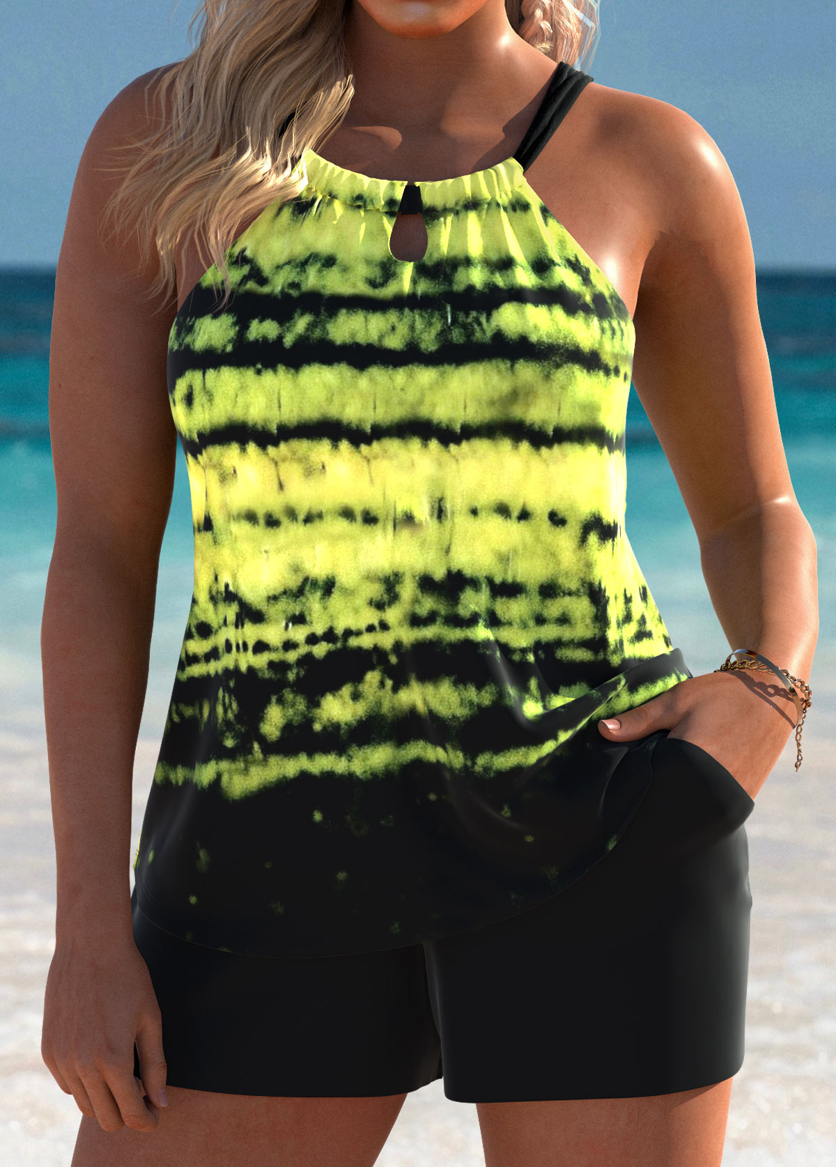 Tummy Coverage Mid Waisted Tie Dye Print Tankini Set | picture 