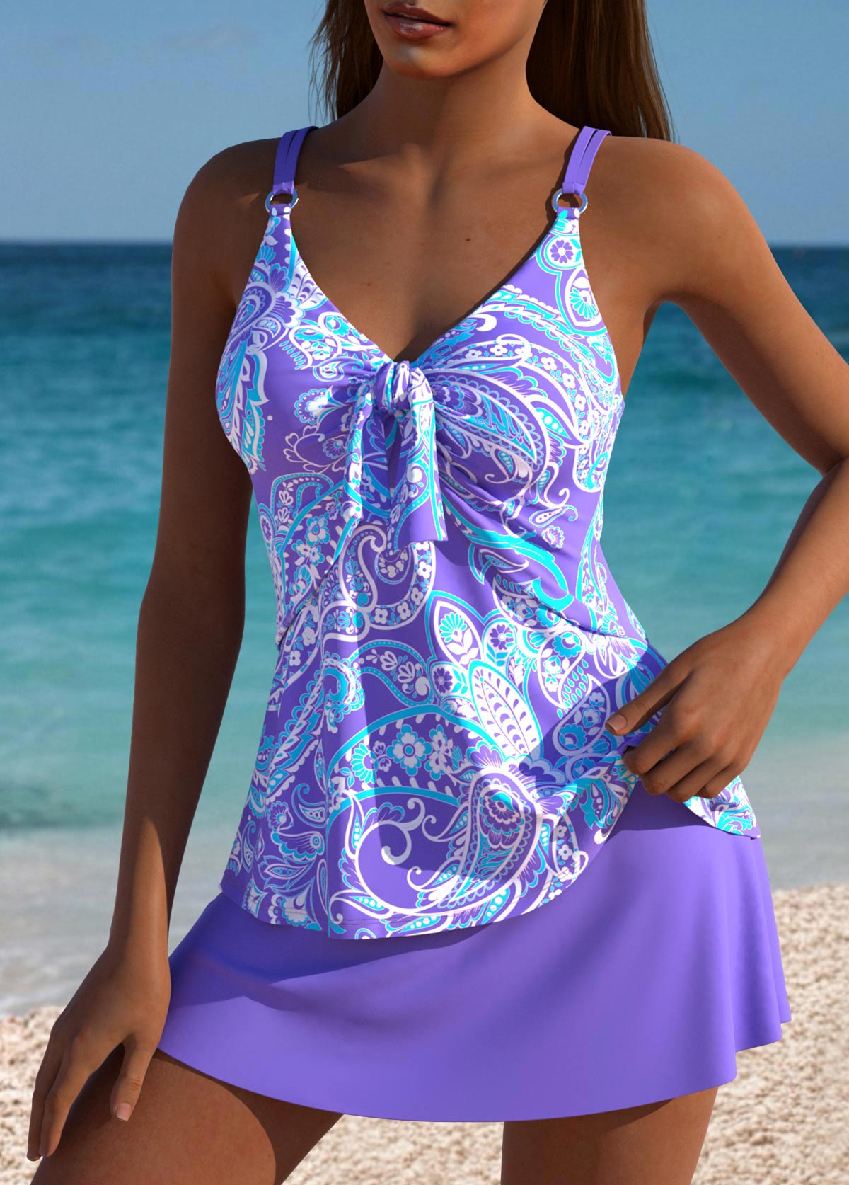 Tummy Coverage Mid Waisted Paisley Print Purple Tankini Set | picture 