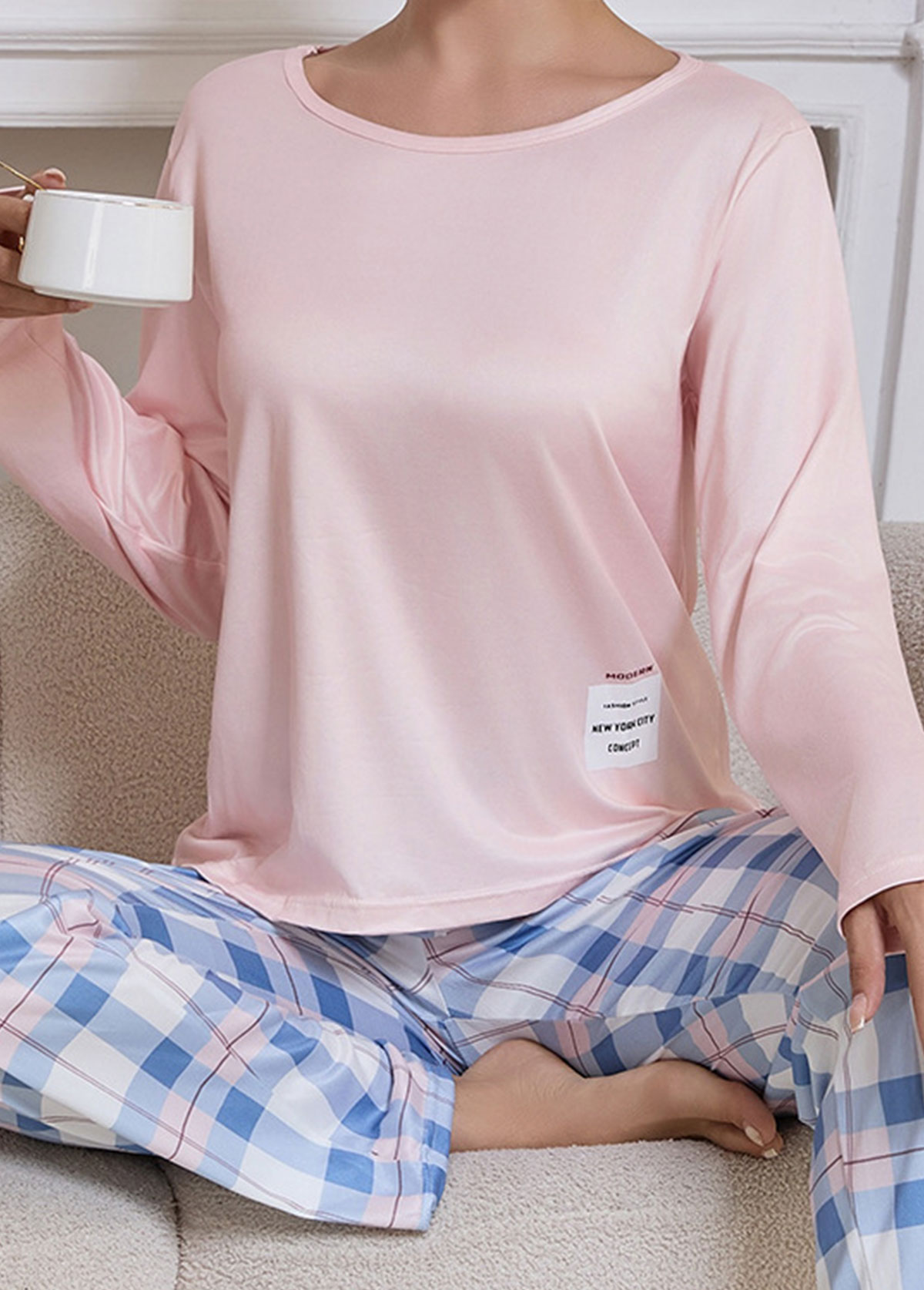 Light Pink Plaid Long Sleeve Lounge Top and Pants | picture 