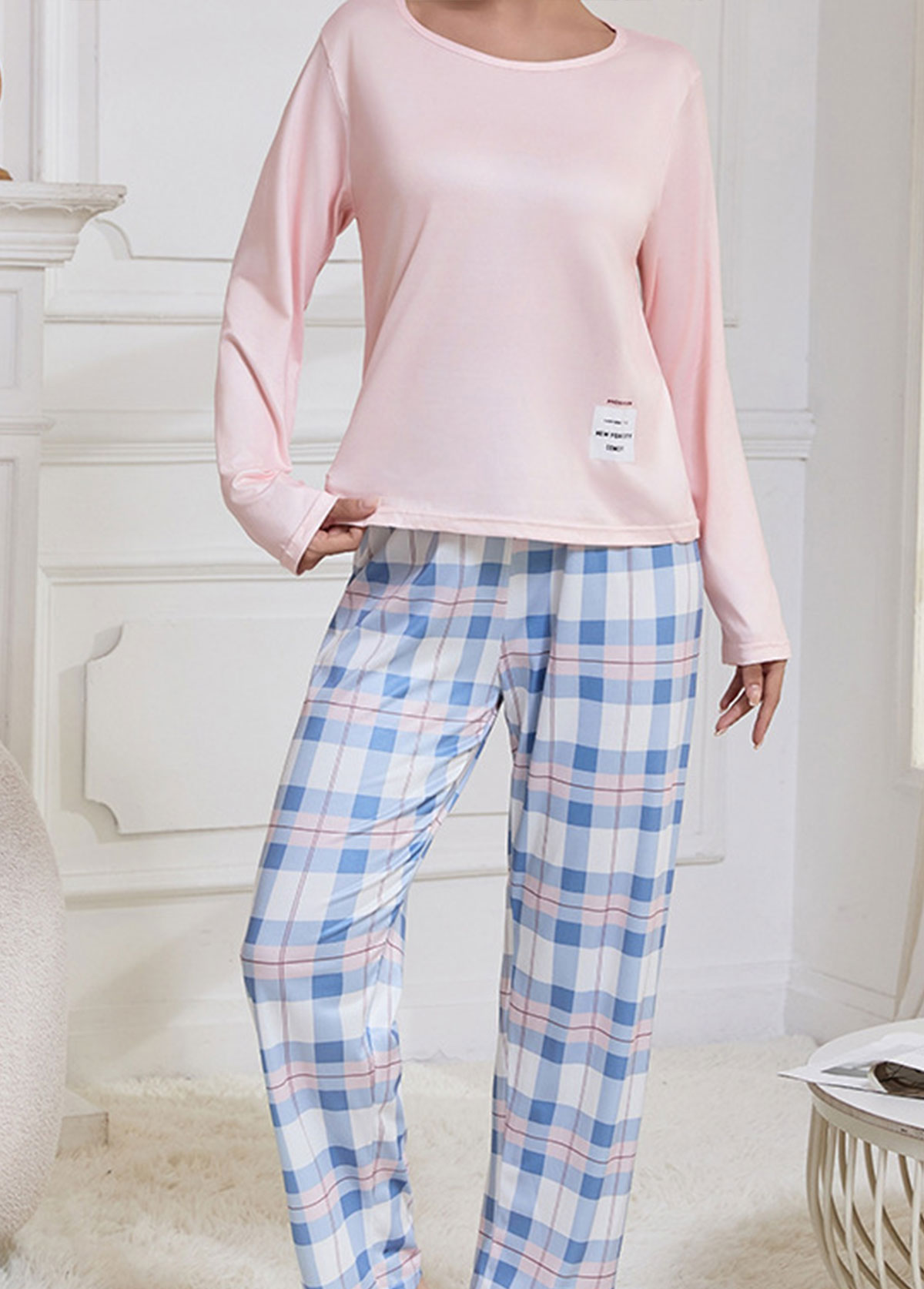Light Pink Plaid Long Sleeve Lounge Top and Pants | picture 