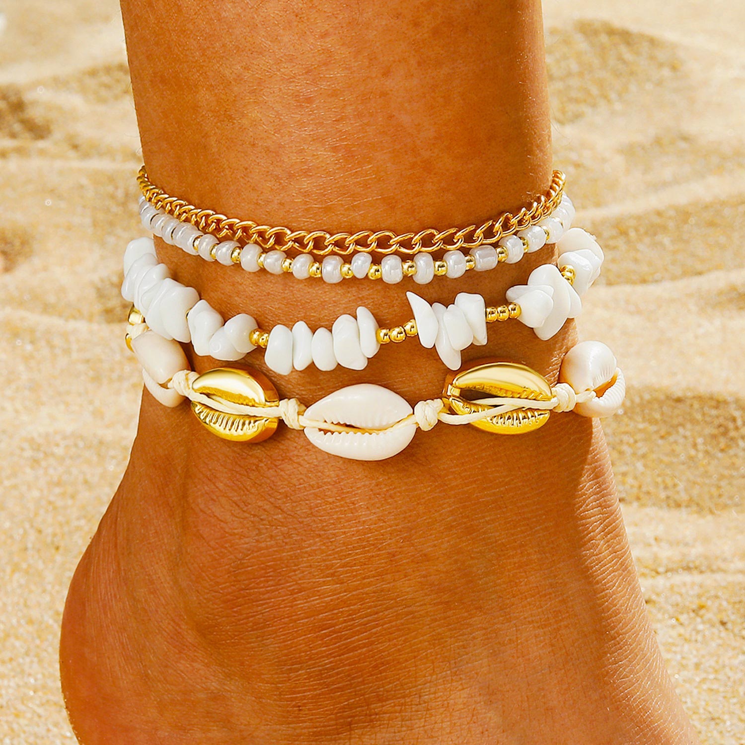Golden Shell Beaded Design Alloy Anklets | picture 
