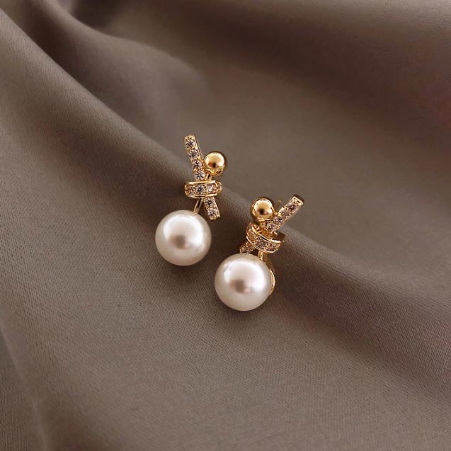 Golden Pearl Bow Design Alloy Earrings | picture 