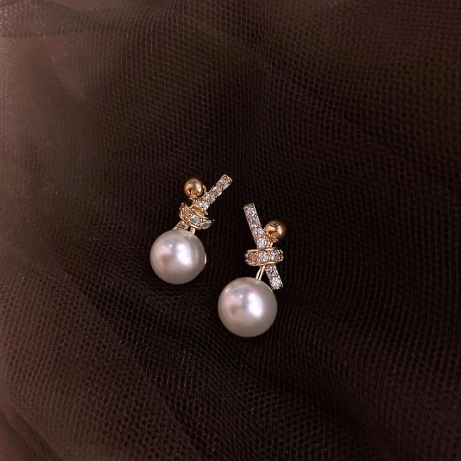 Golden Pearl Bow Design Alloy Earrings | picture 