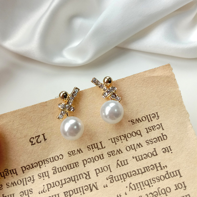 Golden Pearl Bow Design Alloy Earrings | picture 