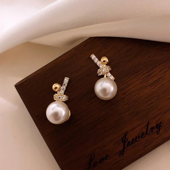 Golden Pearl Bow Design Alloy Earrings | picture 