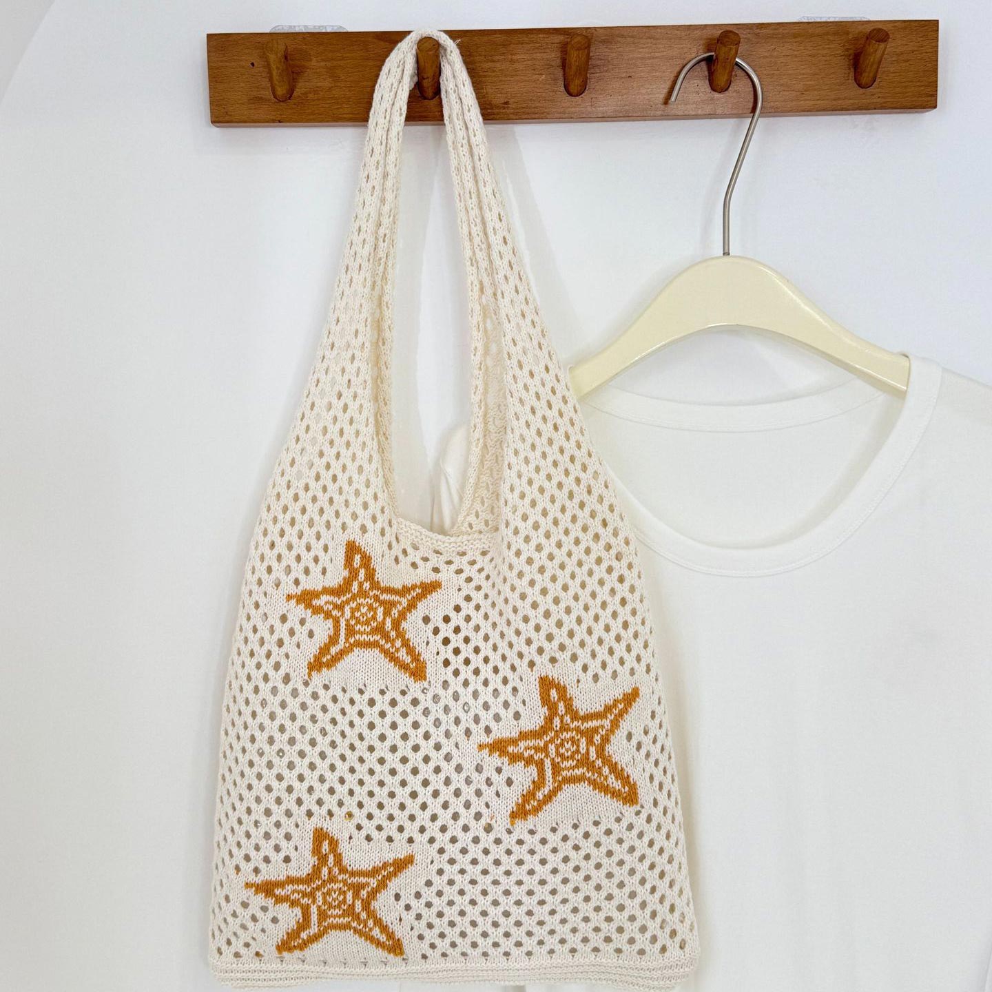 Beige Star Print Open Shoulder Bag | picture 