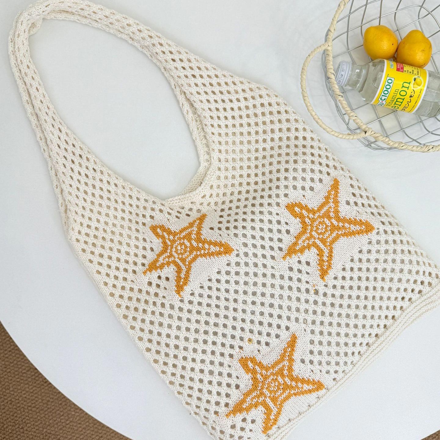 Beige Star Print Open Shoulder Bag | picture 