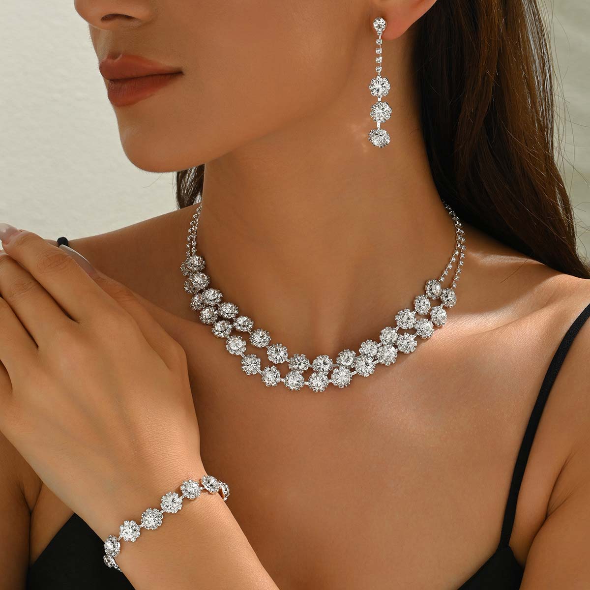 Silver Rhinestone Earrings and Necklace and Bracelet | picture 