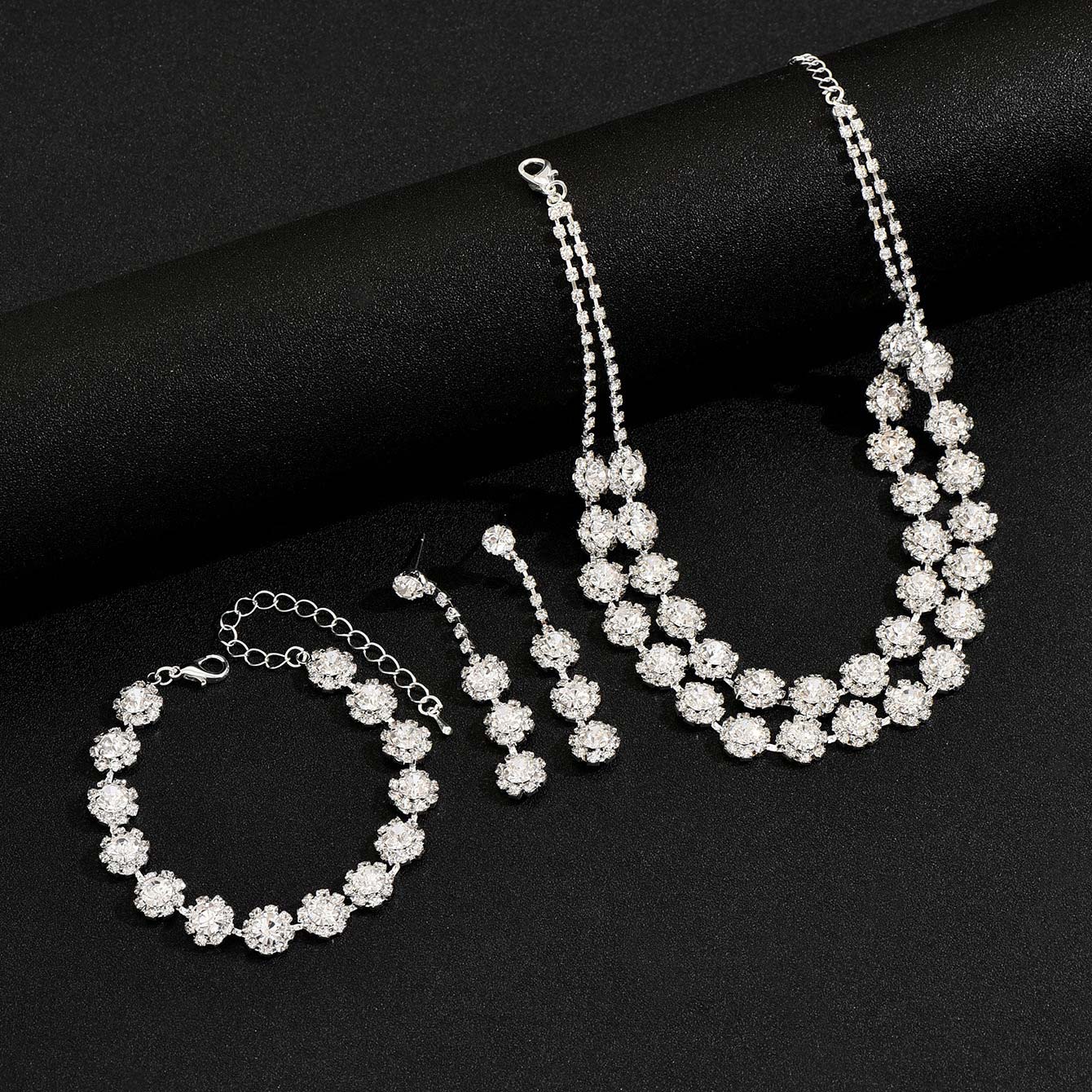 Silver Rhinestone Earrings and Necklace and Bracelet | picture 