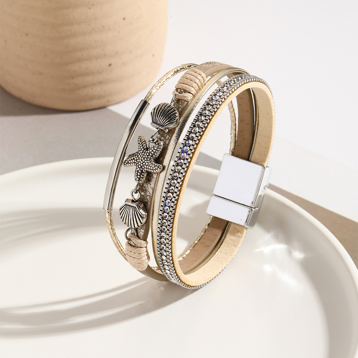 Gray Brown Shell Faux Leather Bangle | picture 