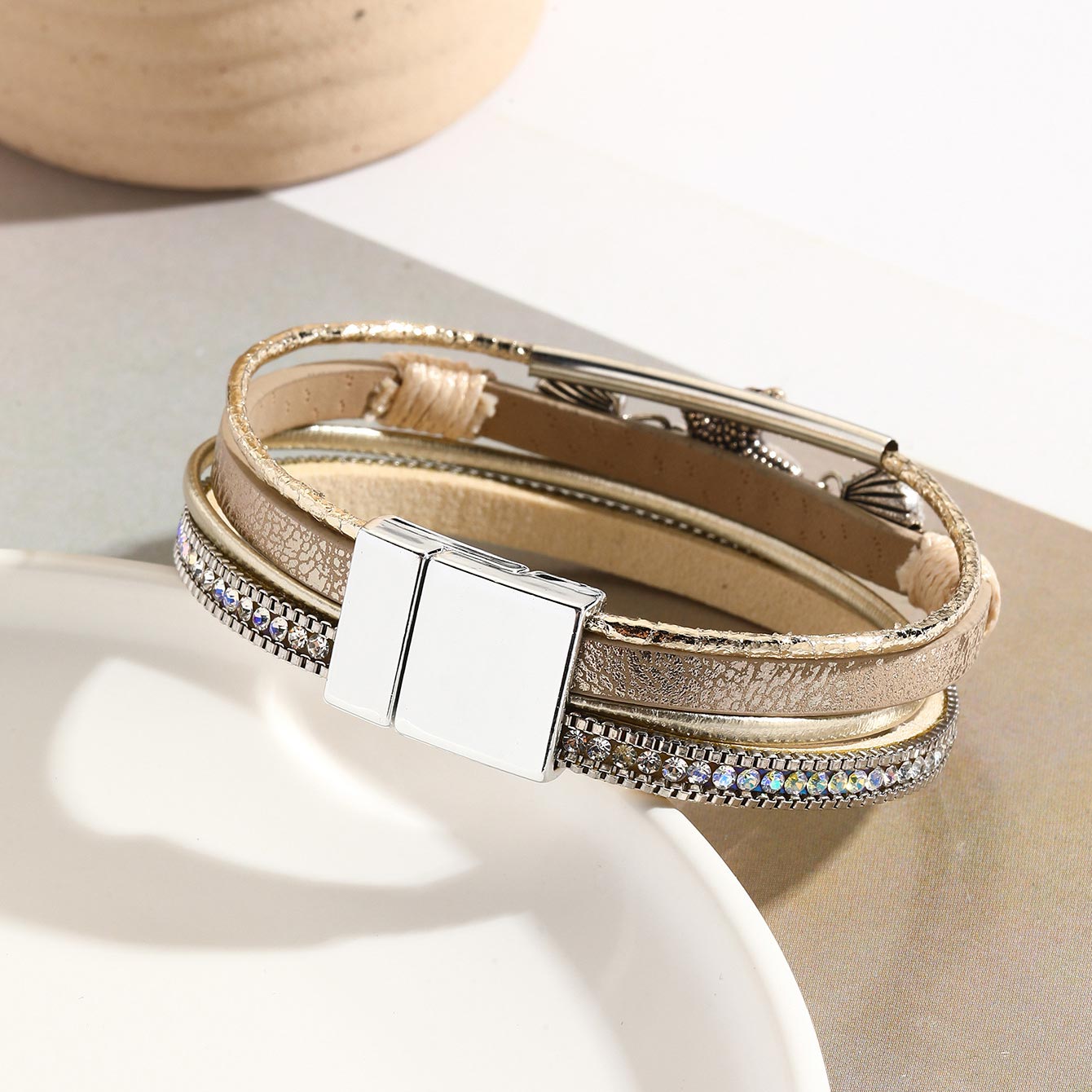 Gray Brown Shell Faux Leather Bangle | picture 