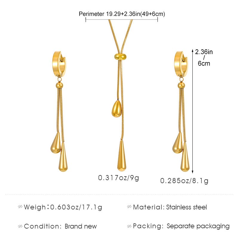 Golden Stainless Steel Teardrop Earrings and Necklace | picture 